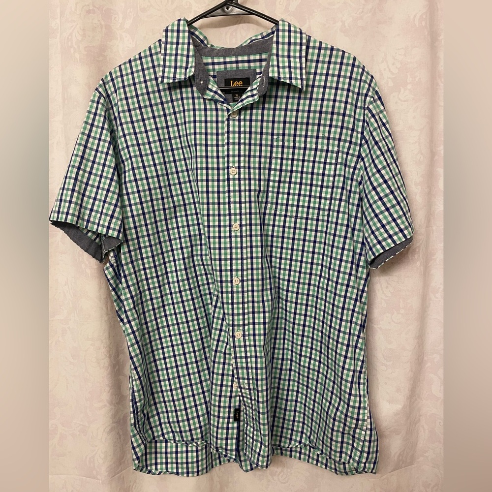 Lee button up shirt, XL, green plaid, dressy & casual depending on how you pair.
